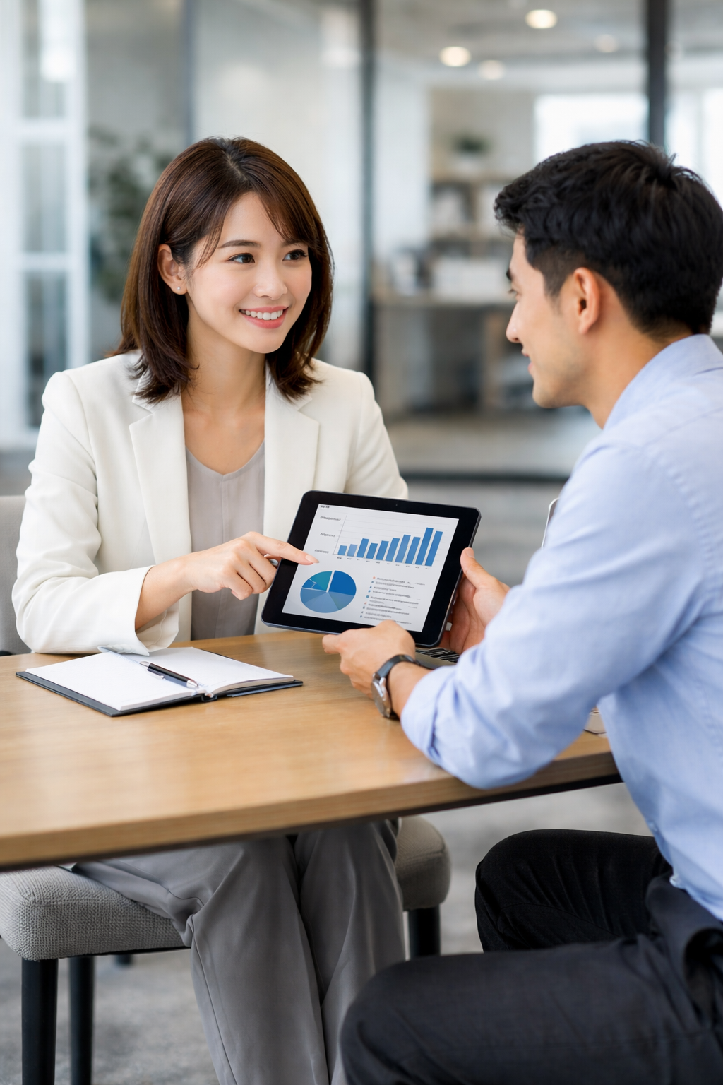 企業担当者がタブレットを見ながら笑顔で打ち合わせ