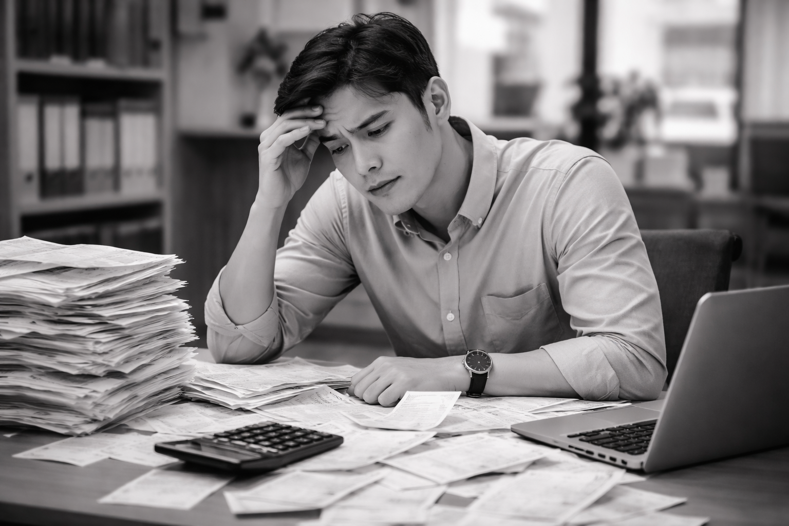 大量の書類に囲まれ困っている総務担当者