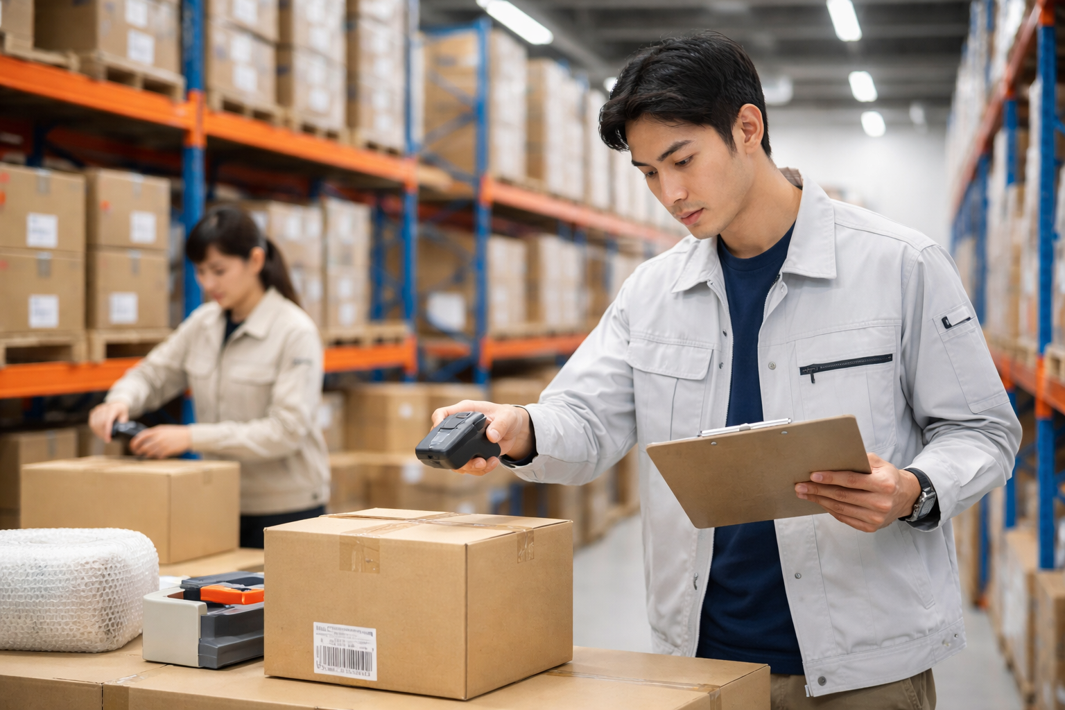 整然とした物流倉庫での検品・梱包作業