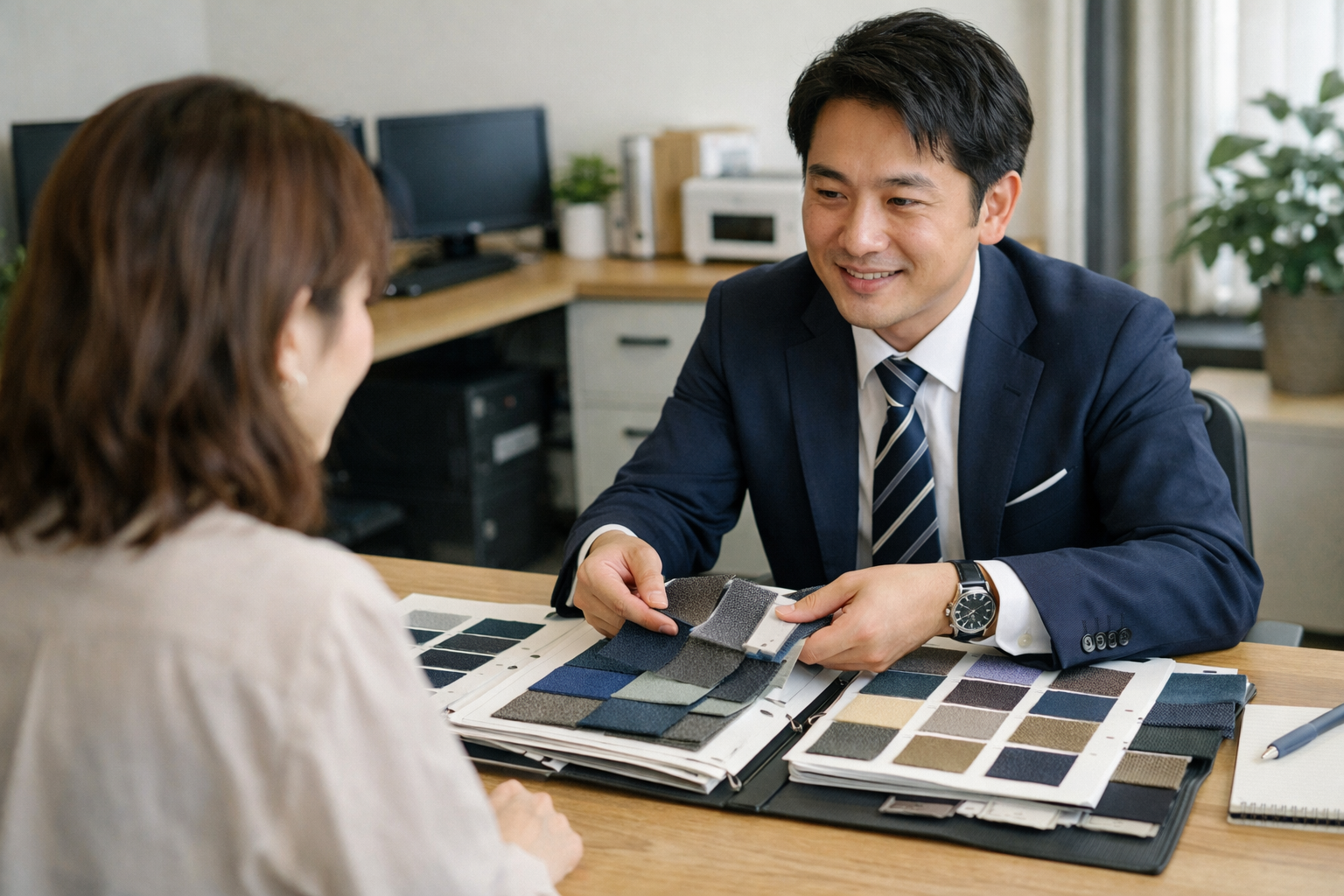 専任担当者がお客様先で生地サンプルを提案している様子