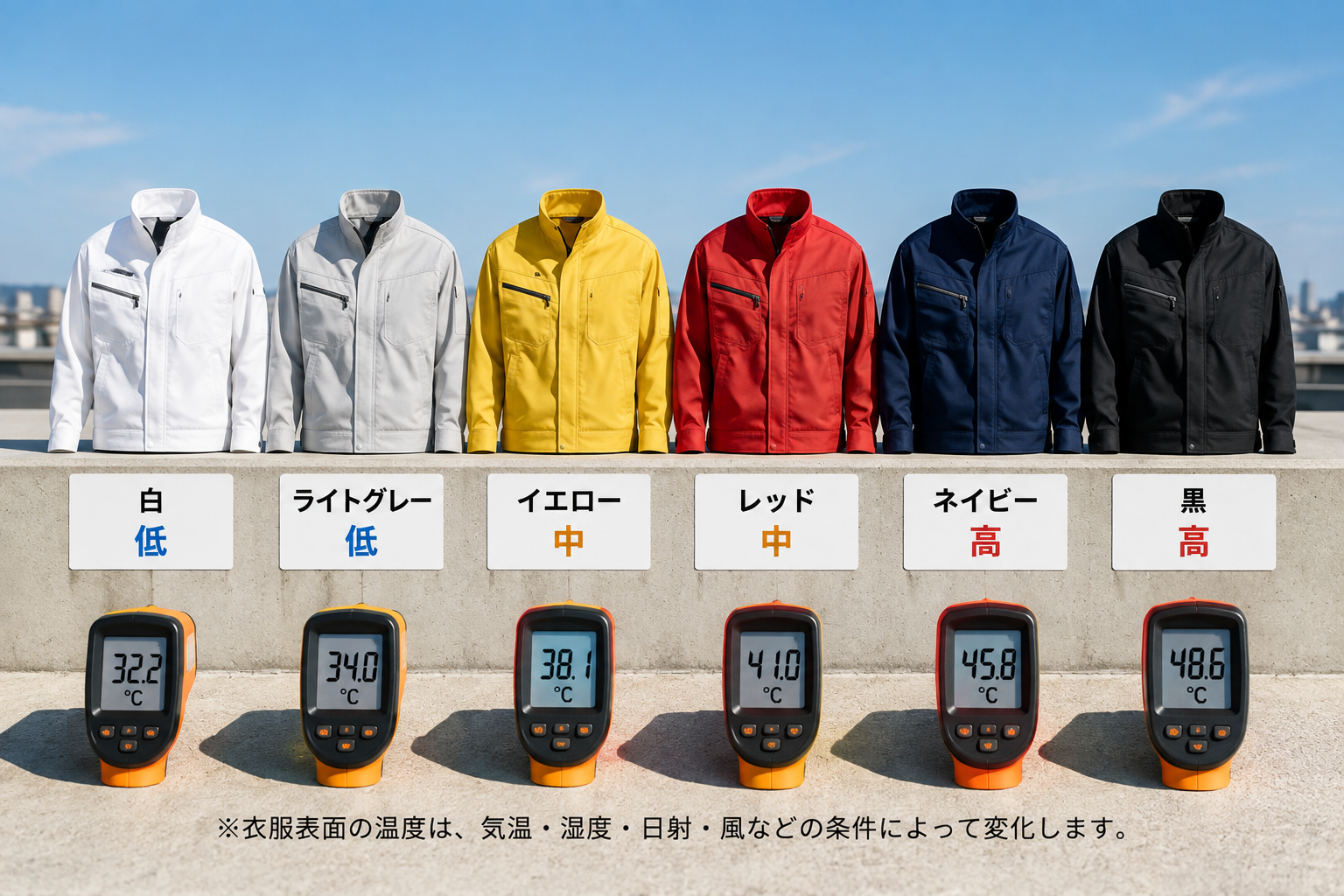 作業着の色ごとの表面温度